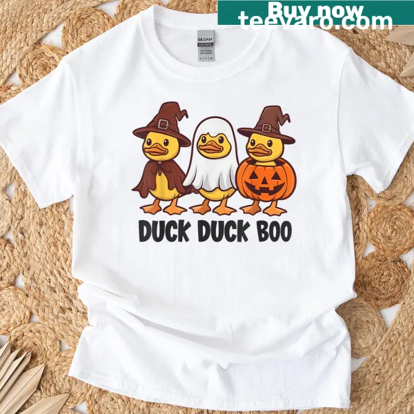 Cute Halloween T-shirt with a duck witch and ghosts