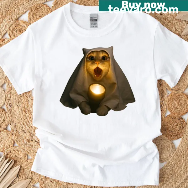 Ghost cat graphic for Halloween humor with meme influence
