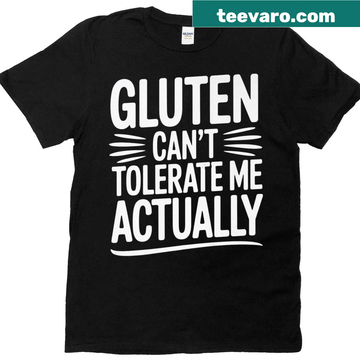 Witty T-shirt with gluten-free joke and celiac humor — on a men's t-shirt