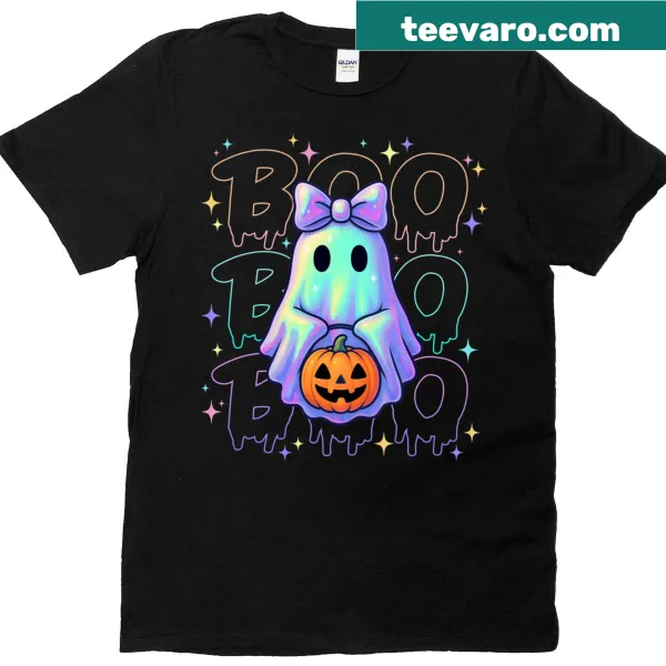 Funny Halloween t-shirt with neon ghost and pumpkin design