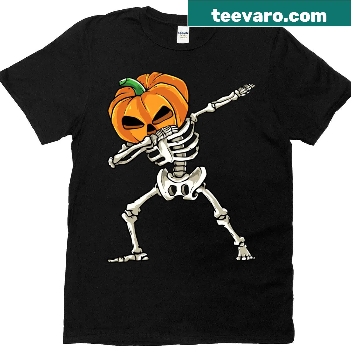 Halloween shirt with cartoon dabbing skeleton in pumpkin costume — on a men's t-shirt