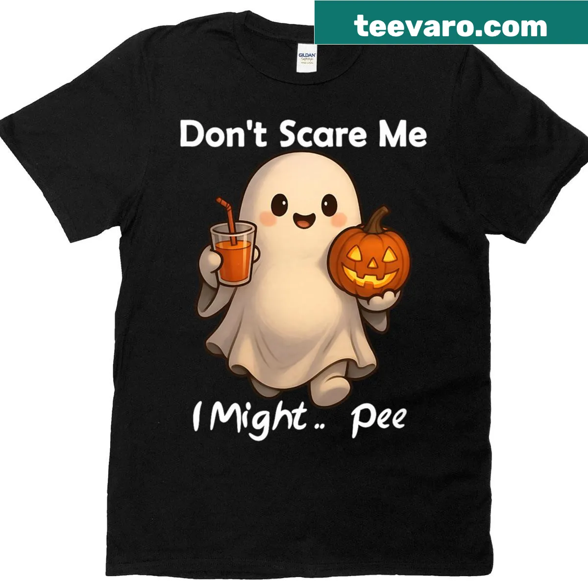 Funny Halloween t-shirt with the saying Don't Scare Me I Might Pee and a ghost graphic — on a men's t-shirt