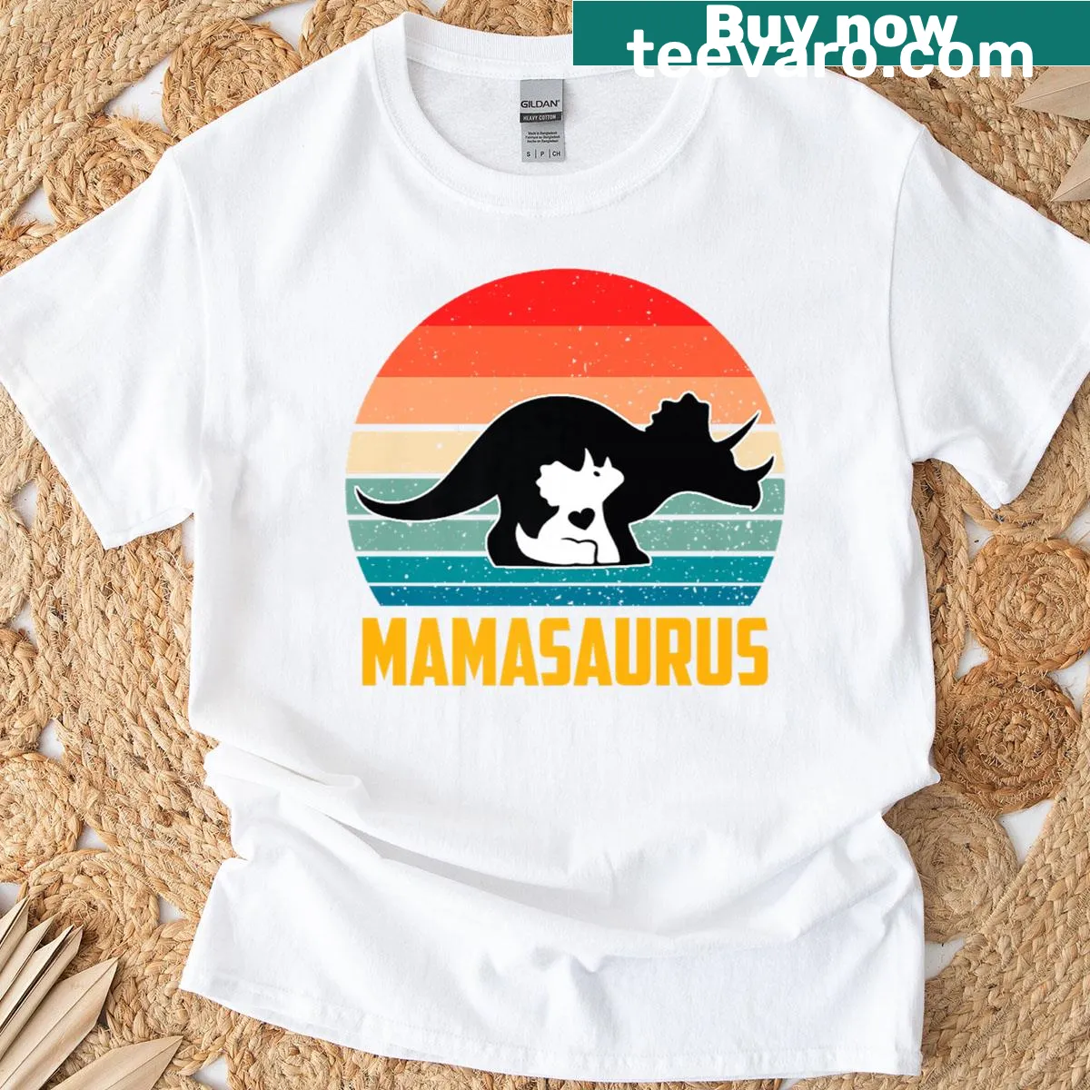 Retro Mamasaurus t-shirt celebrating moms with a dinosaur graphic. — on a men's t-shirt