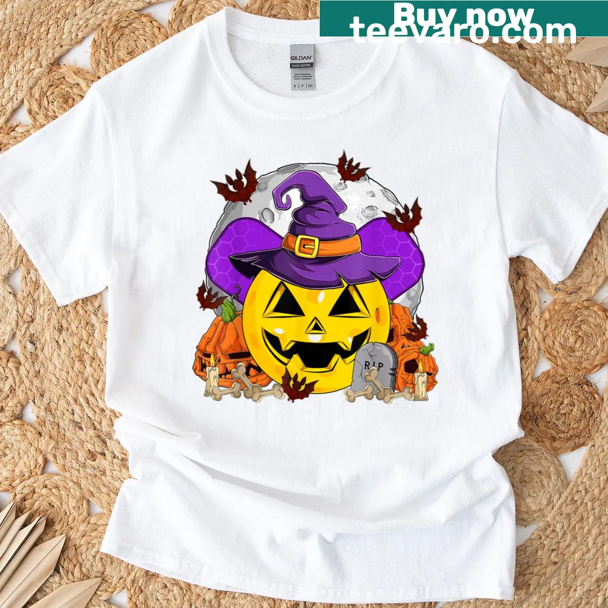 Witch hat on a pickleball paddle design for Halloween-themed T-shirt — on a men's t-shirt