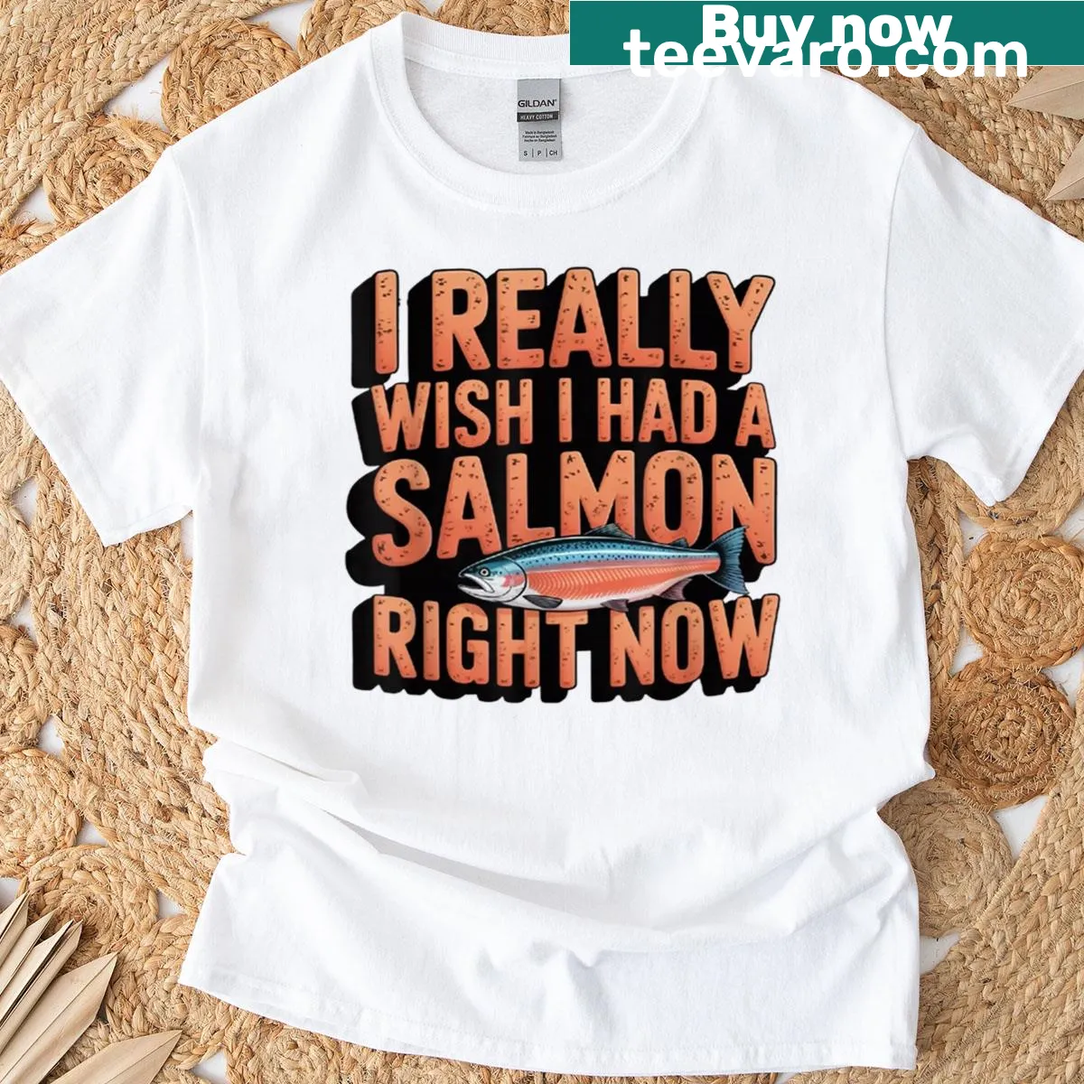 Humorous fish lover tee with illustration and text about wishing for salmon. — on a men's t-shirt