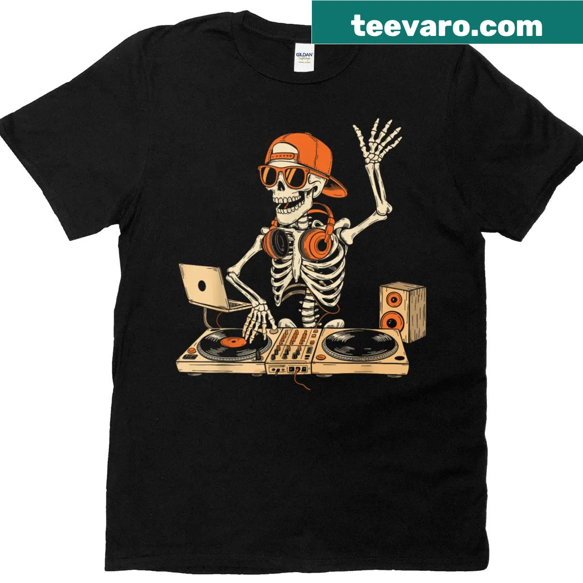 Halloween t-shirt featuring a cartoon skeleton DJ for music lovers — on a men's t-shirt
