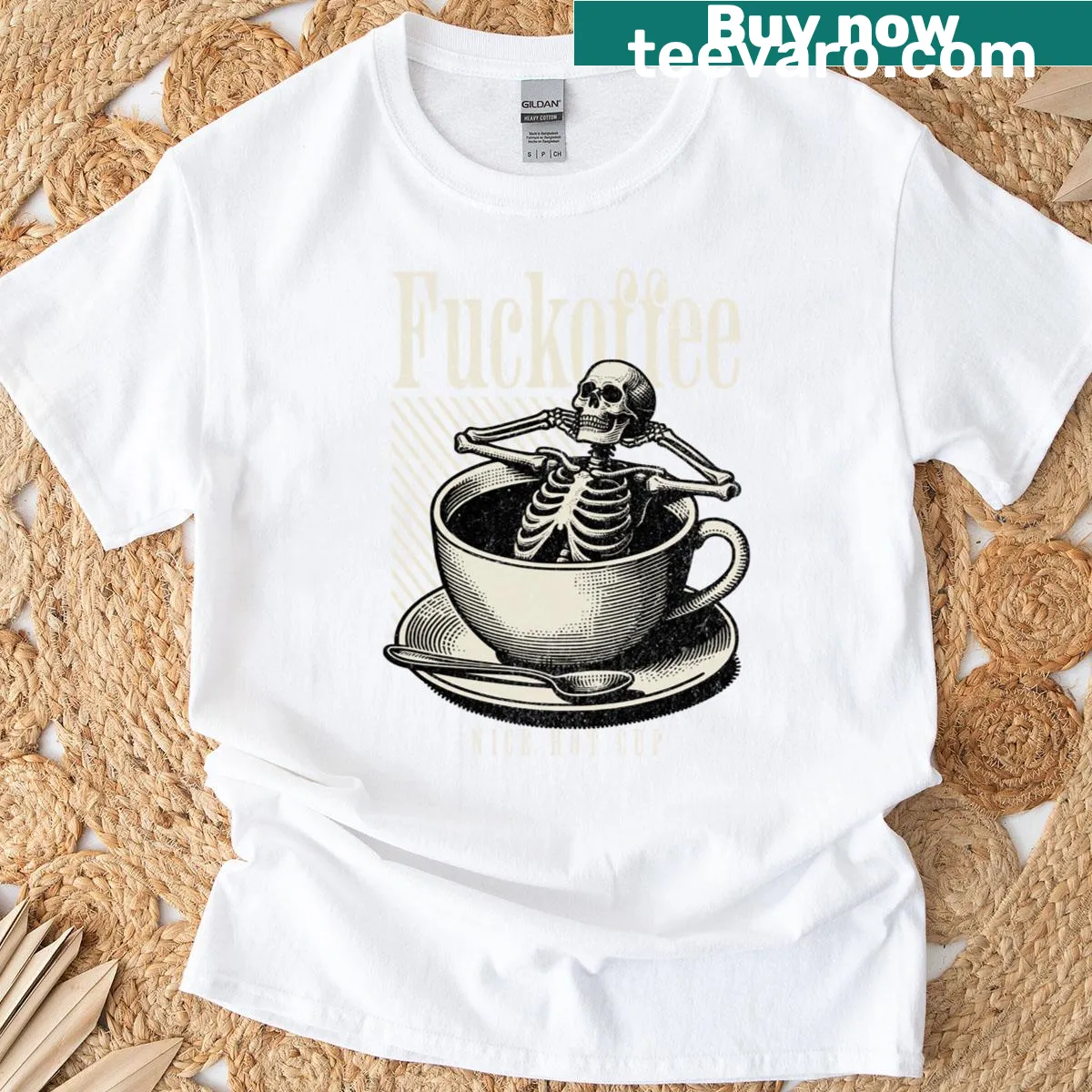 Funny shirt with skeleton in a cup labeled Fuckoffee — on a men's t-shirt