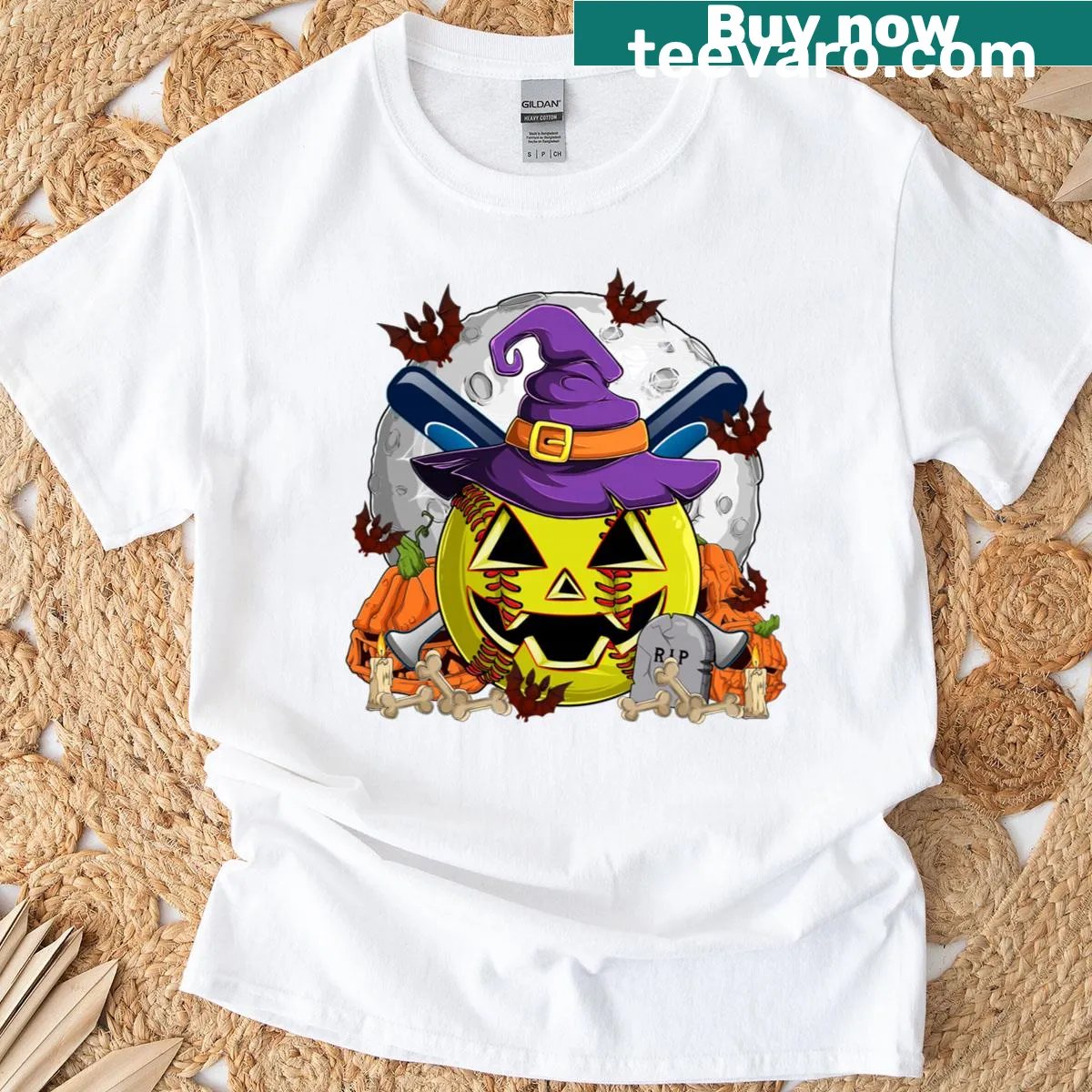 Softball bat and witch hat Halloween costume graphic — on a men's t-shirt