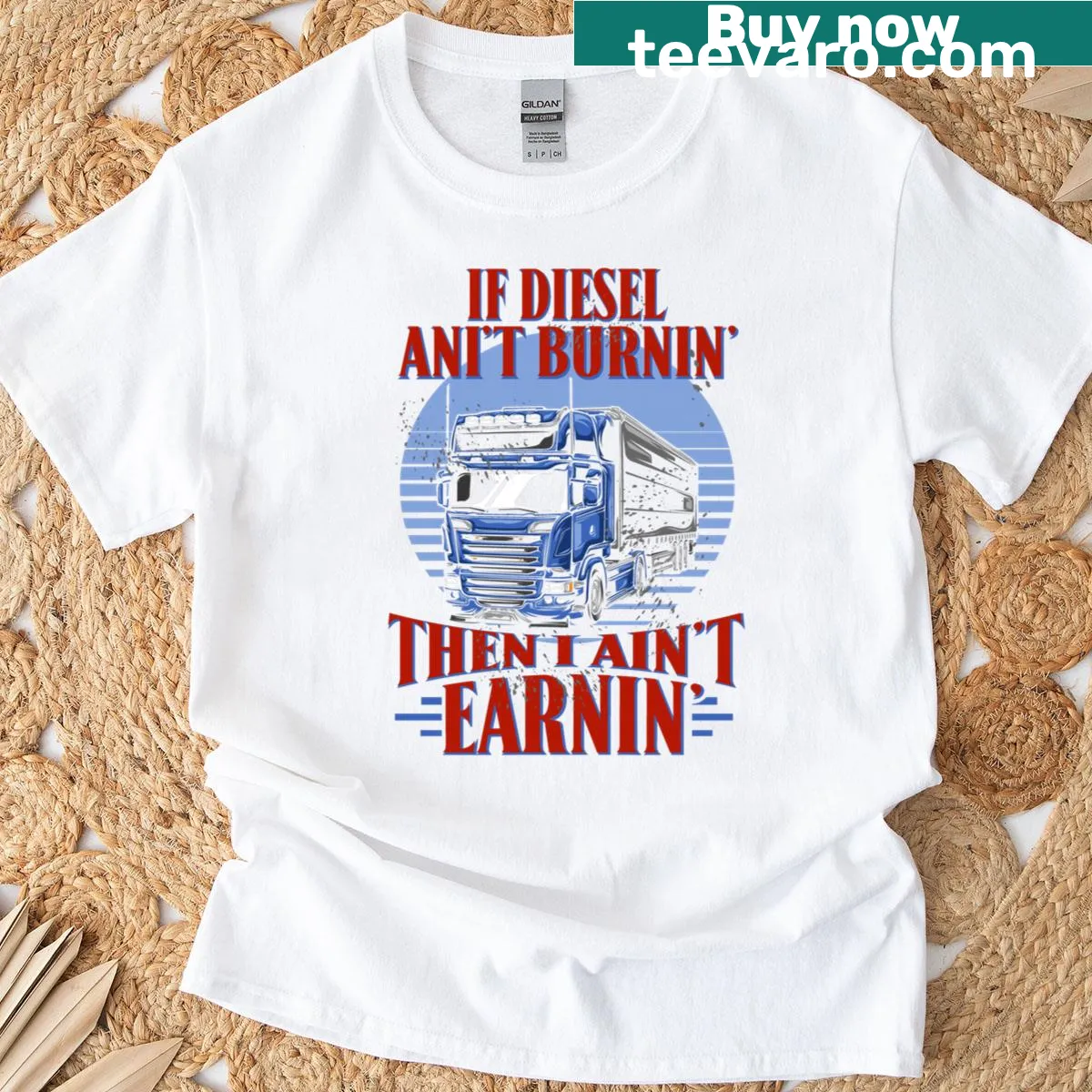 Funny trucker graphic T-shirt with humorous text about diesel — on a men's t-shirt