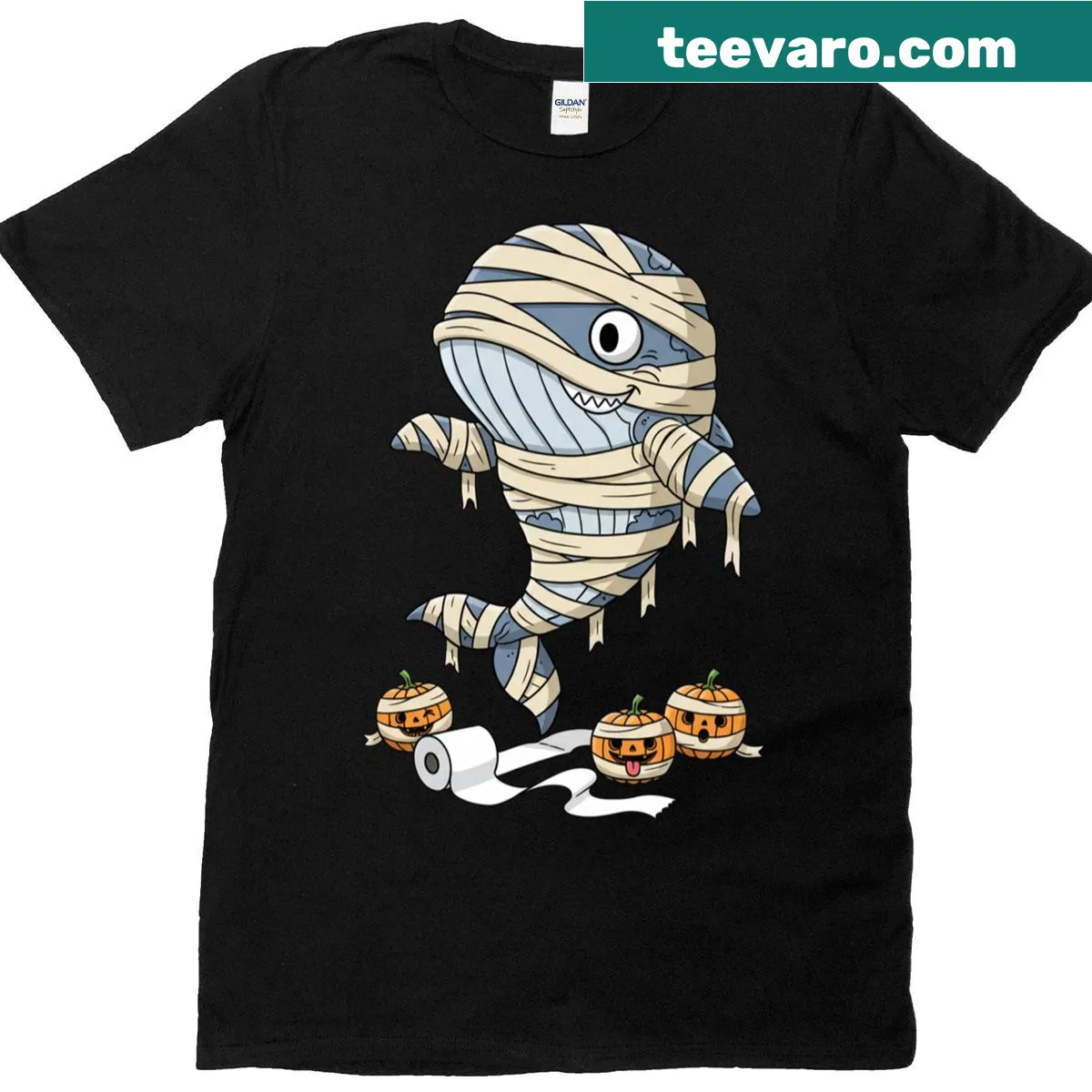 Funny whale mummy and pumpkin Halloween T-shirt for kids and adults — on a men's t-shirt