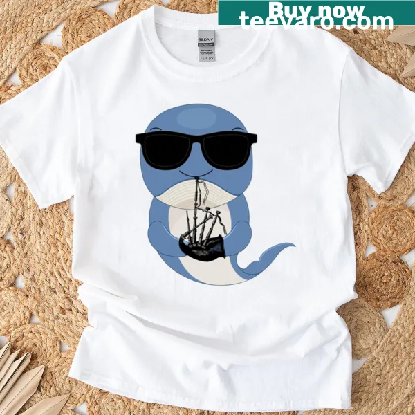 Whale in sunglasses playing bagpipes on a humorous t-shirt