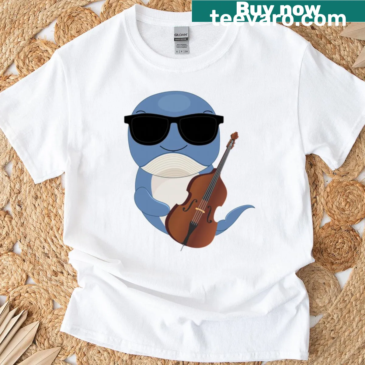 Funny whale wearing sunglasses and playing double bass T-shirt — on a men's t-shirt