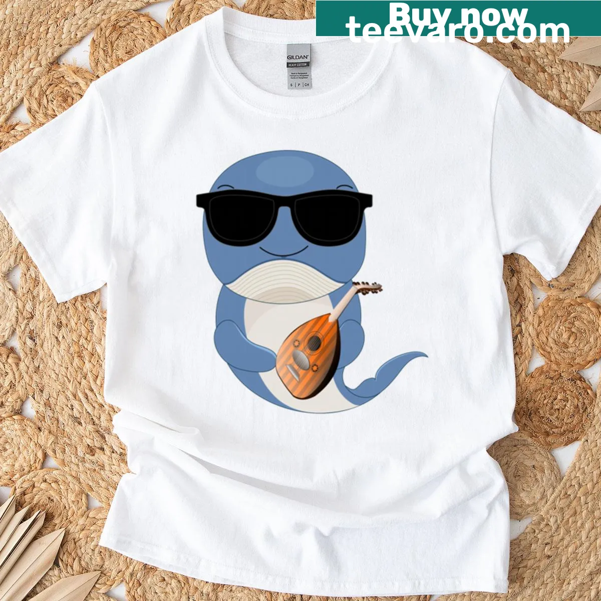 Whale in sunglasses playing a lute graphic — on a men's t-shirt