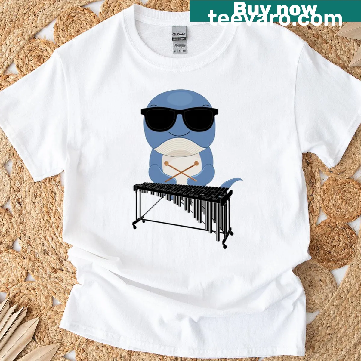 Cartoon whale wearing sunglasses playing marimba — on a men's t-shirt