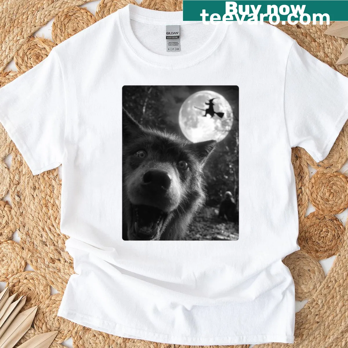 Wolf selfie under a full moon with a witch on a t-shirt — on a men's t-shirt
