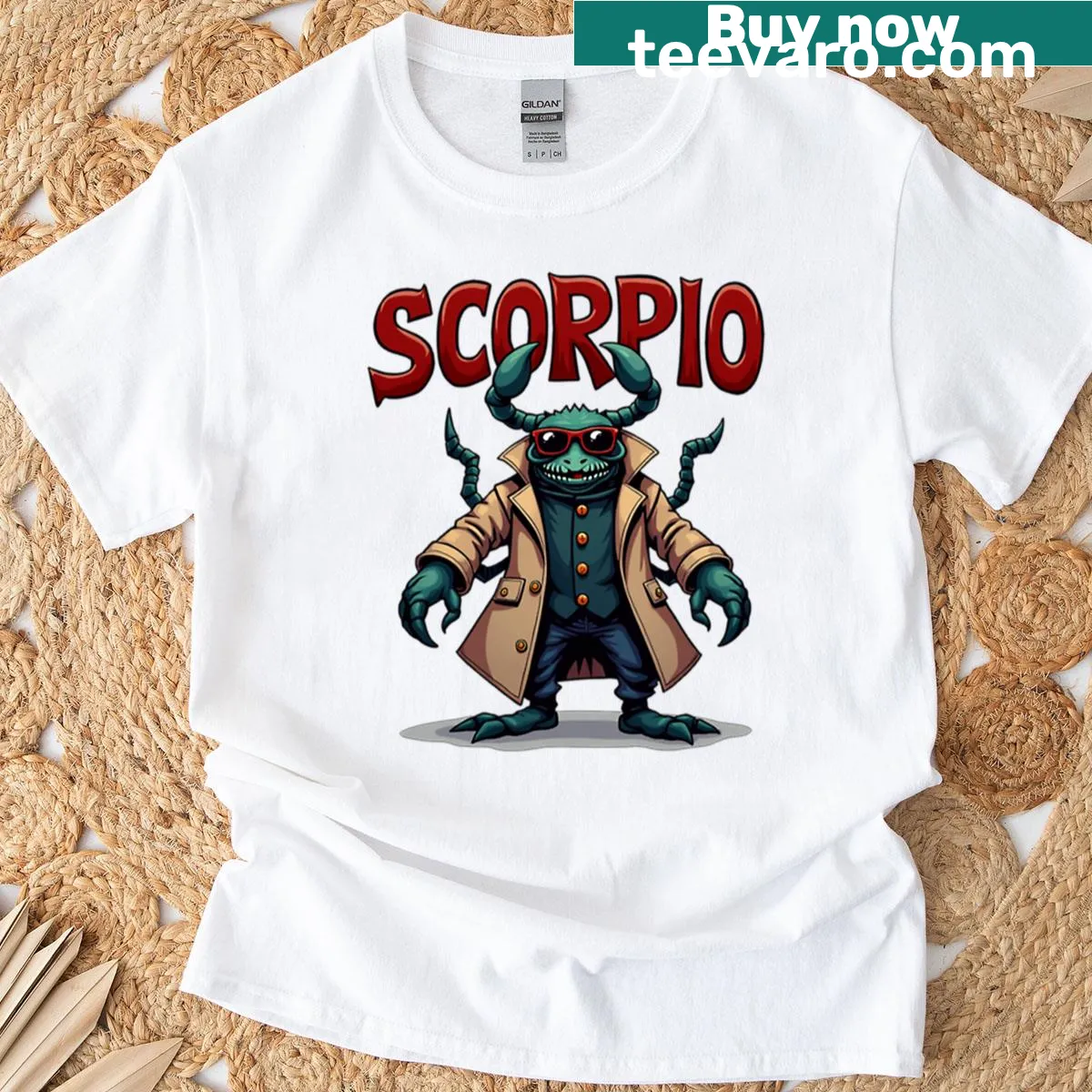 Cartoon Scorpio zodiac sign T-shirt with humorous design — on a men's t-shirt