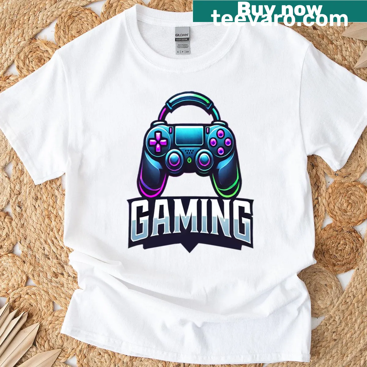 Futuristic neon gaming logo T-shirt — on a men's t-shirt