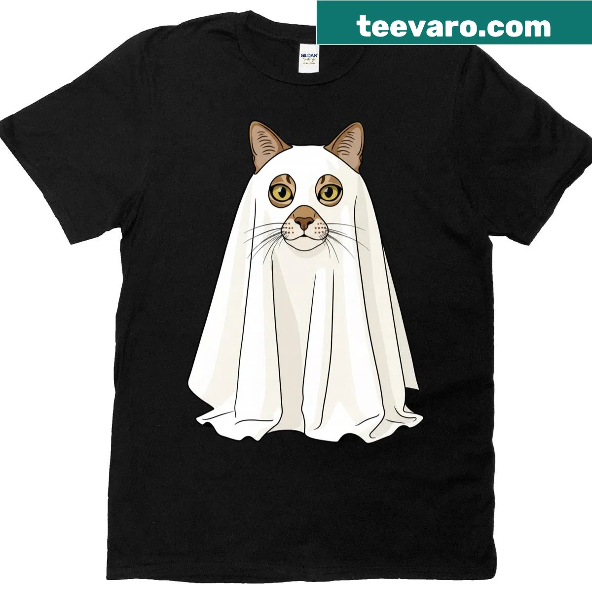 Cute cat in a ghost costume for Halloween on a t-shirt — on a men's t-shirt