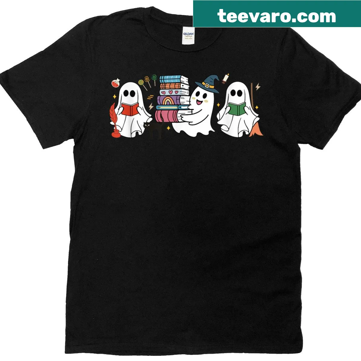 Cute Halloween t-shirt with a ghost reading a book graphic — on a men's t-shirt