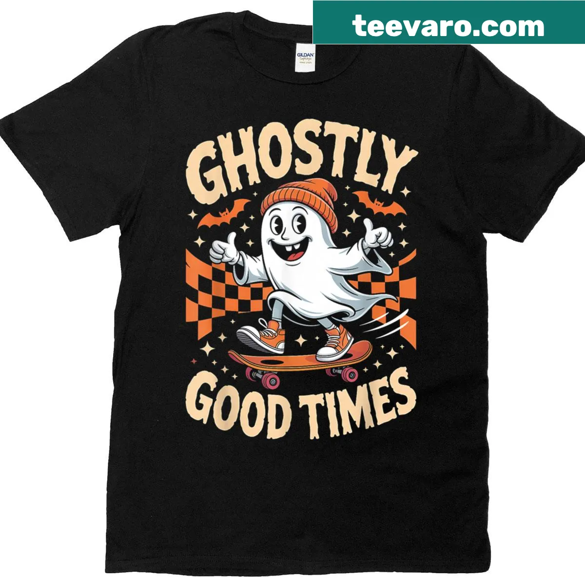 Cartoon ghost on a skateboard for Halloween t-shirt — on a men's t-shirt