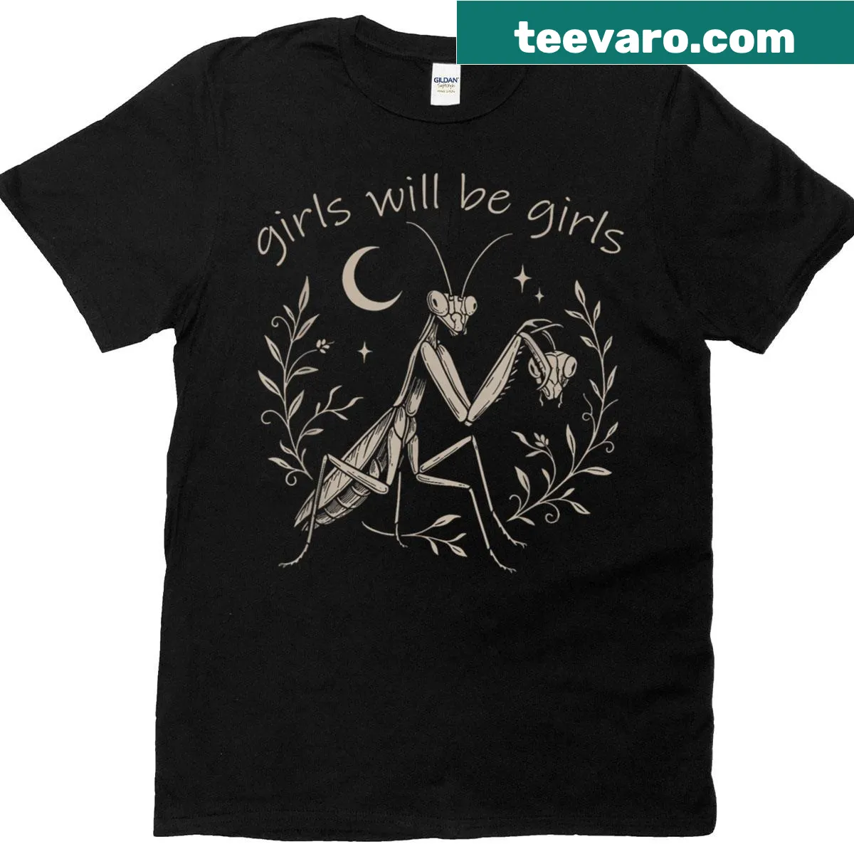 Funny feminist praying mantis t-shirt — on a men's t-shirt