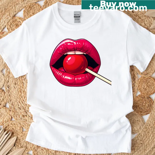 Pop art graphic of glossy lips and lollipop on a t-shirt
