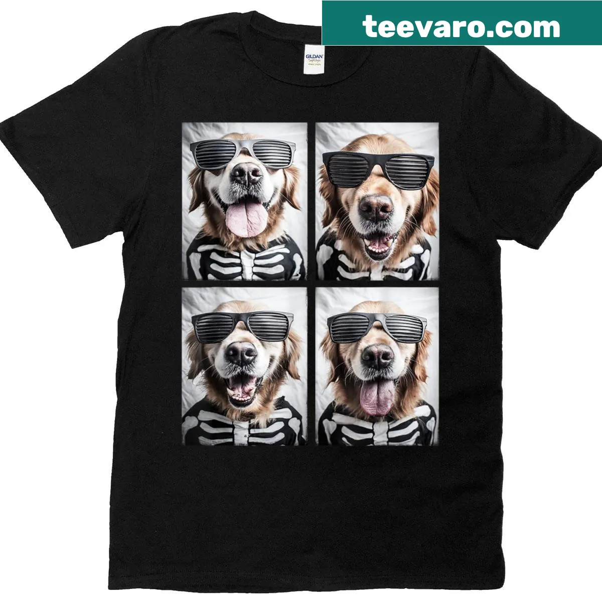 Cartoon Halloween t-shirt featuring golden retrievers in skeleton costumes — on a men's t-shirt