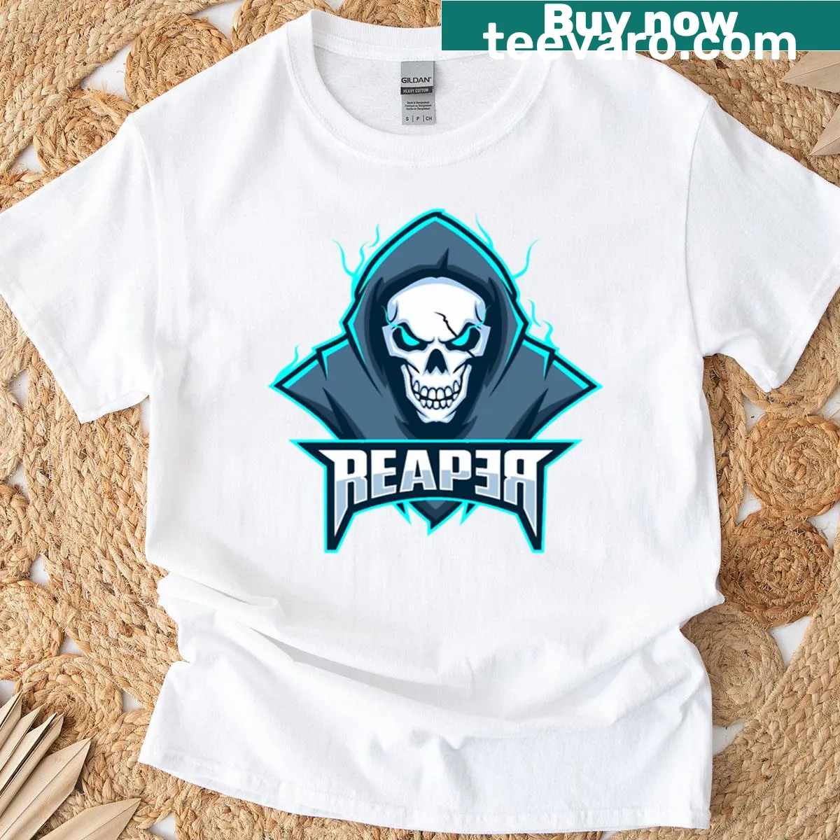 T-shirt featuring an illustrated Grim Reaper design — on a men's t-shirt