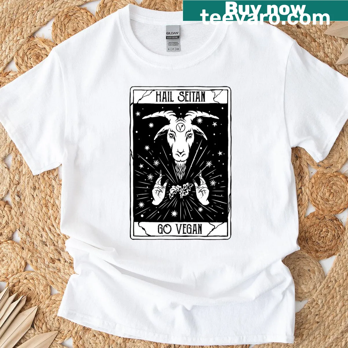 Vintage-style graphic tee for vegans with Hail-seitan design — on a men's t-shirt