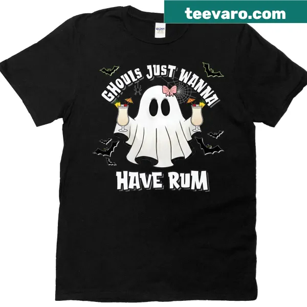 Cute girly ghost drinking with text 'Ghouls Just Wanna Rum'