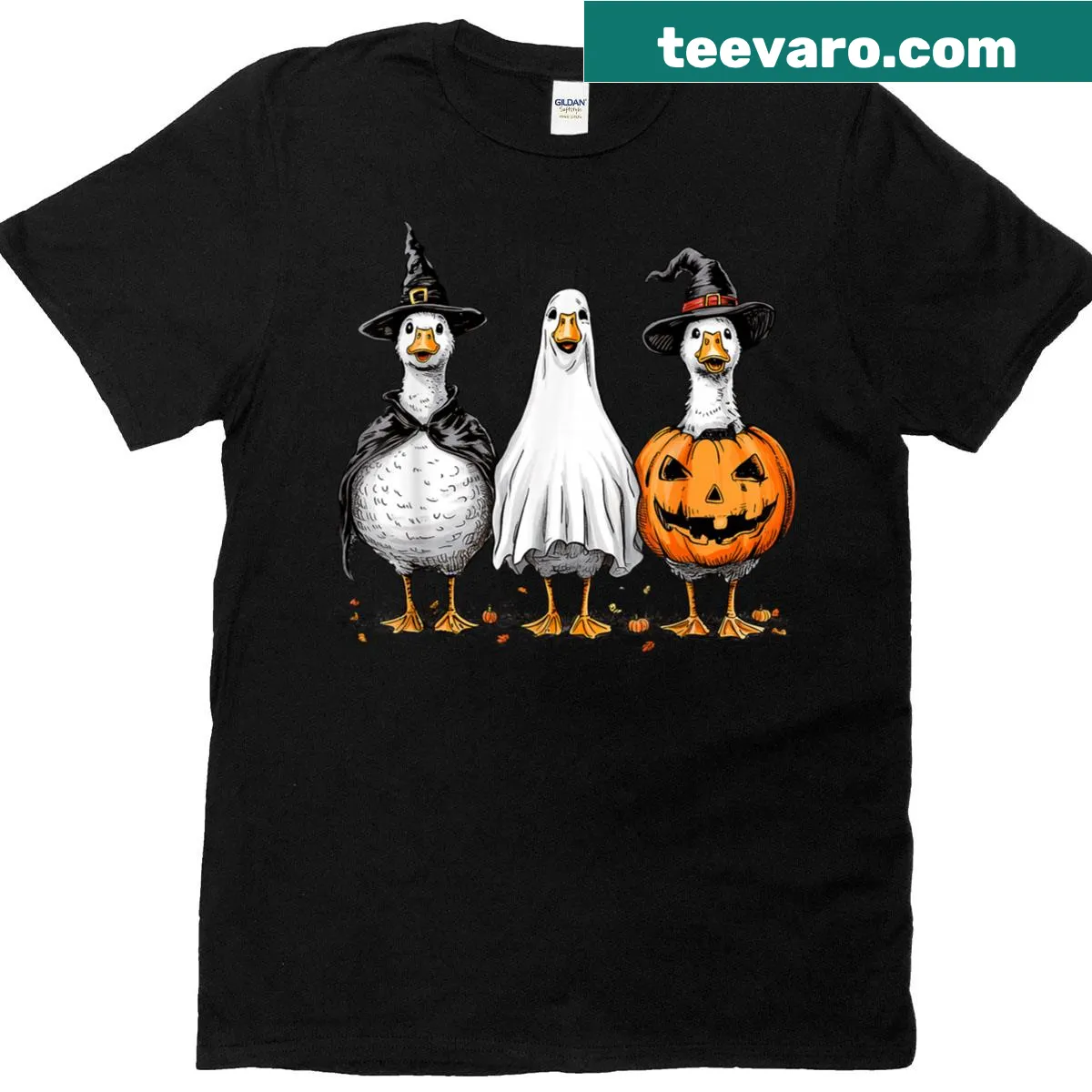 Playful Halloween design with goose witch and spooky icons — on a men's t-shirt