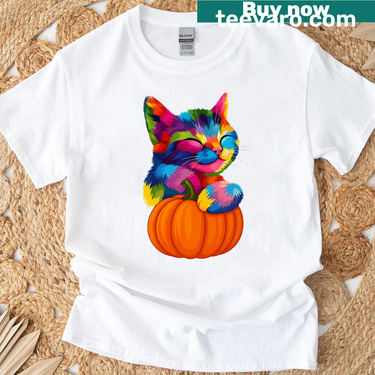 Halloween T-shirt with cartoon cat hugging a pumpkin — on a men's t-shirt