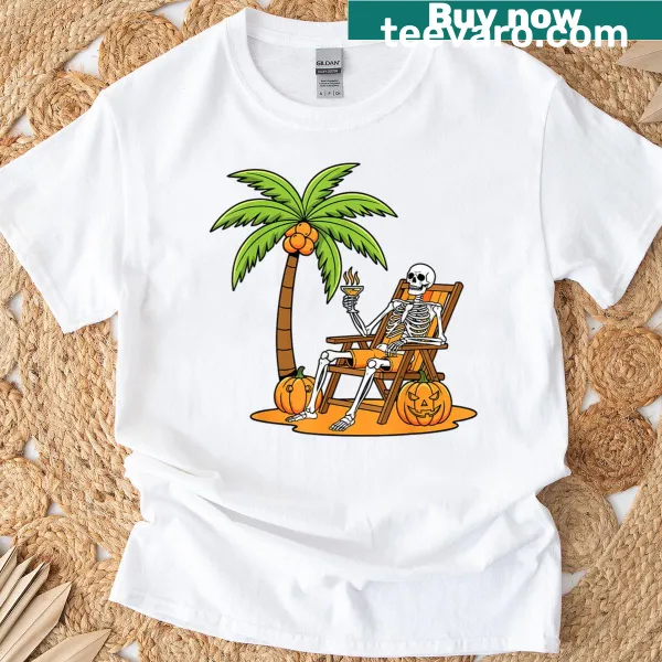 Vintage-style Halloween skeleton beach t-shirt with palm trees and pumpkins