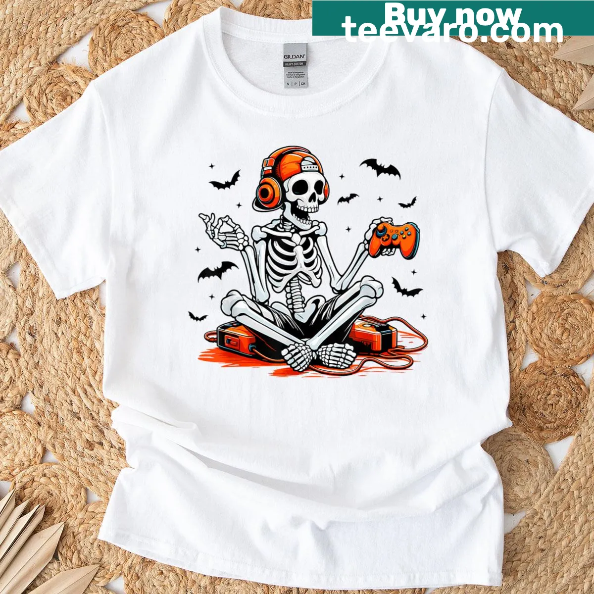 Funny Halloween shirt with a skeleton gamer design — on a men's t-shirt