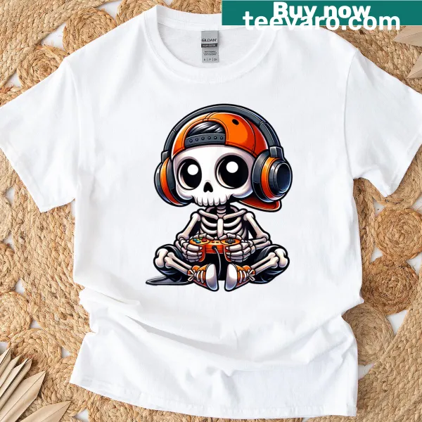 Skeleton gamer tee with Halloween theme for boys and kids
