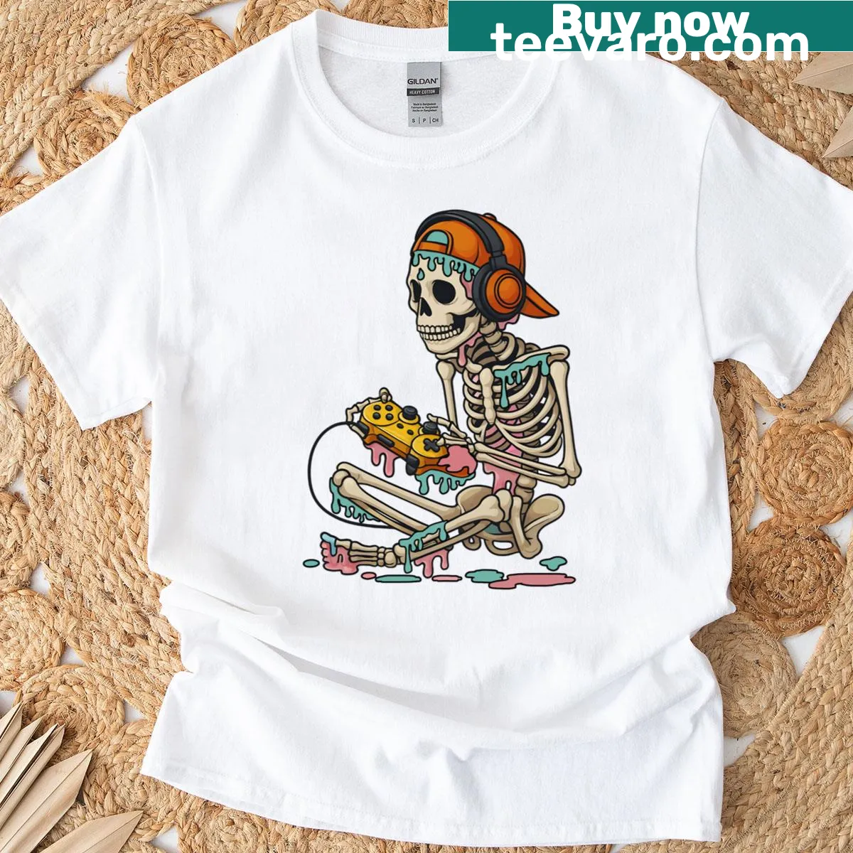 Skeleton gamer graphic t-shirt with ice cream drip skull — on a men's t-shirt