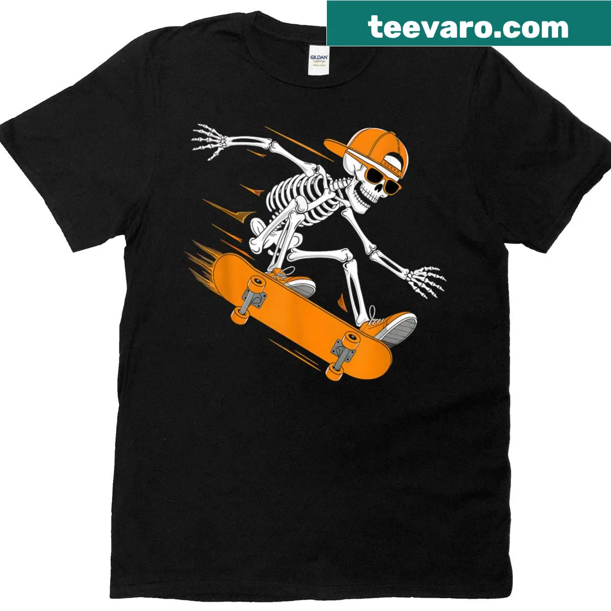 Cartoon skeleton skateboarding for Halloween t-shirt — on a men's t-shirt