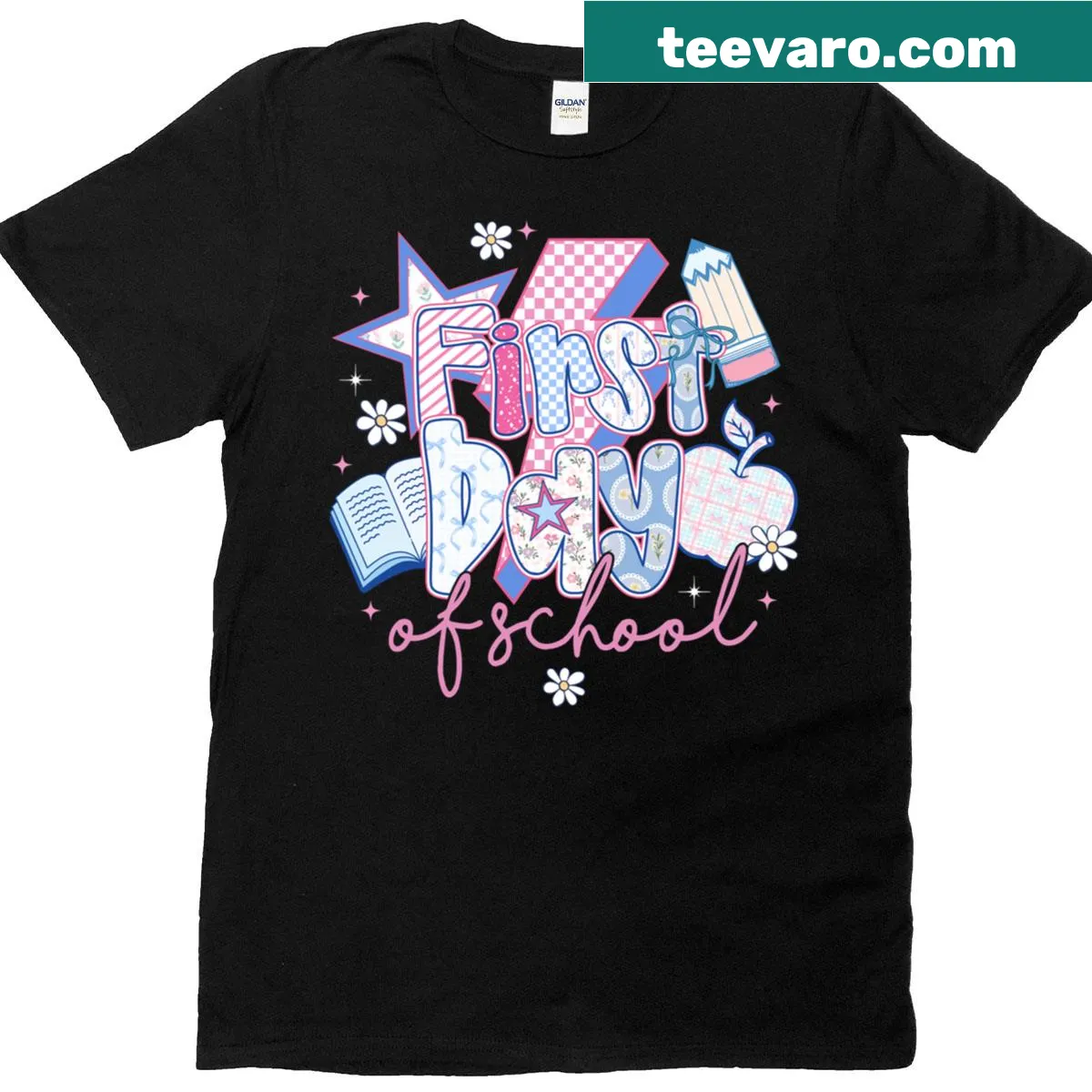 Funny Happy First Day Of School text graphic T-shirt — on a men's t-shirt