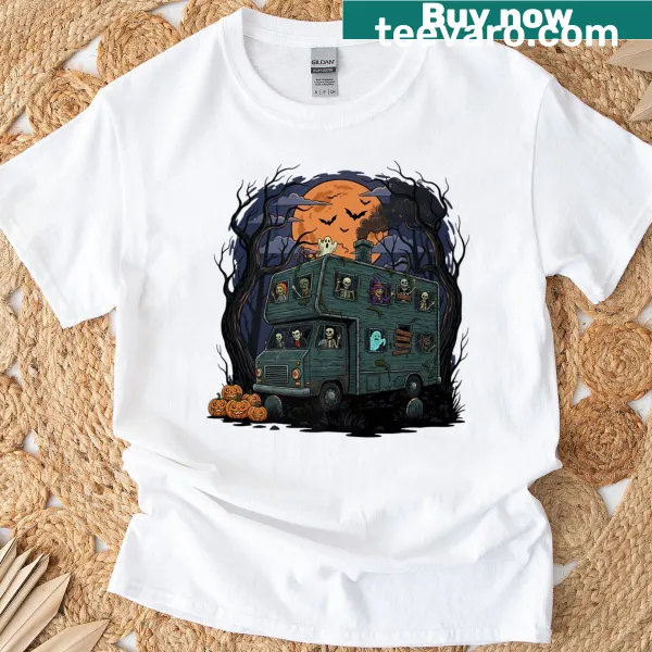 Haunted RV van with monsters graphic for Halloween