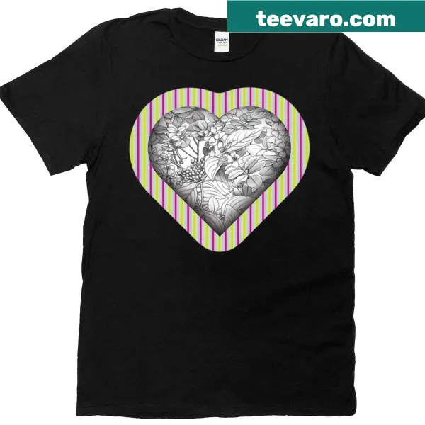 Abstract heart garden surrounded by stripes on a t-shirt