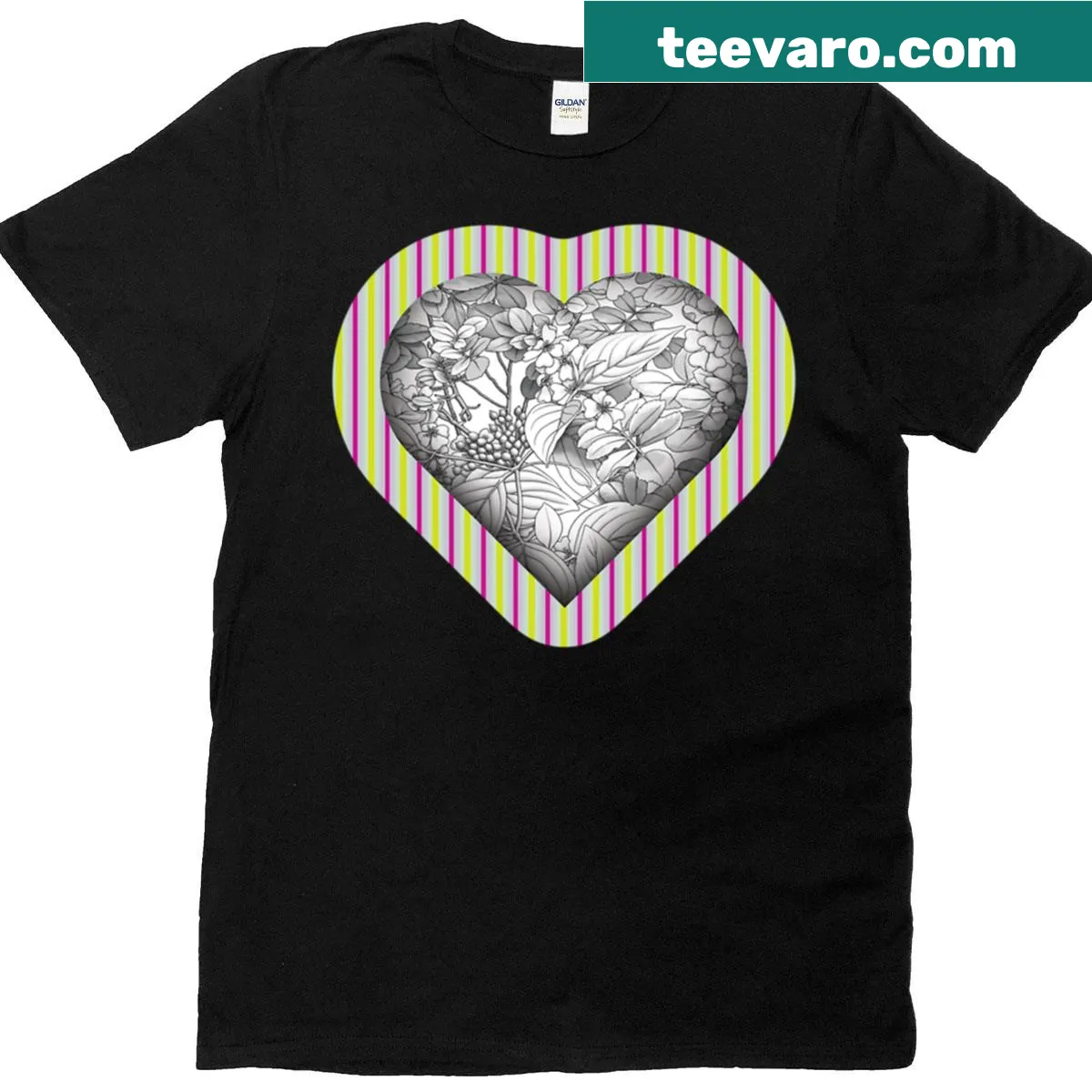 Abstract heart garden surrounded by stripes on a t-shirt — on a men's t-shirt
