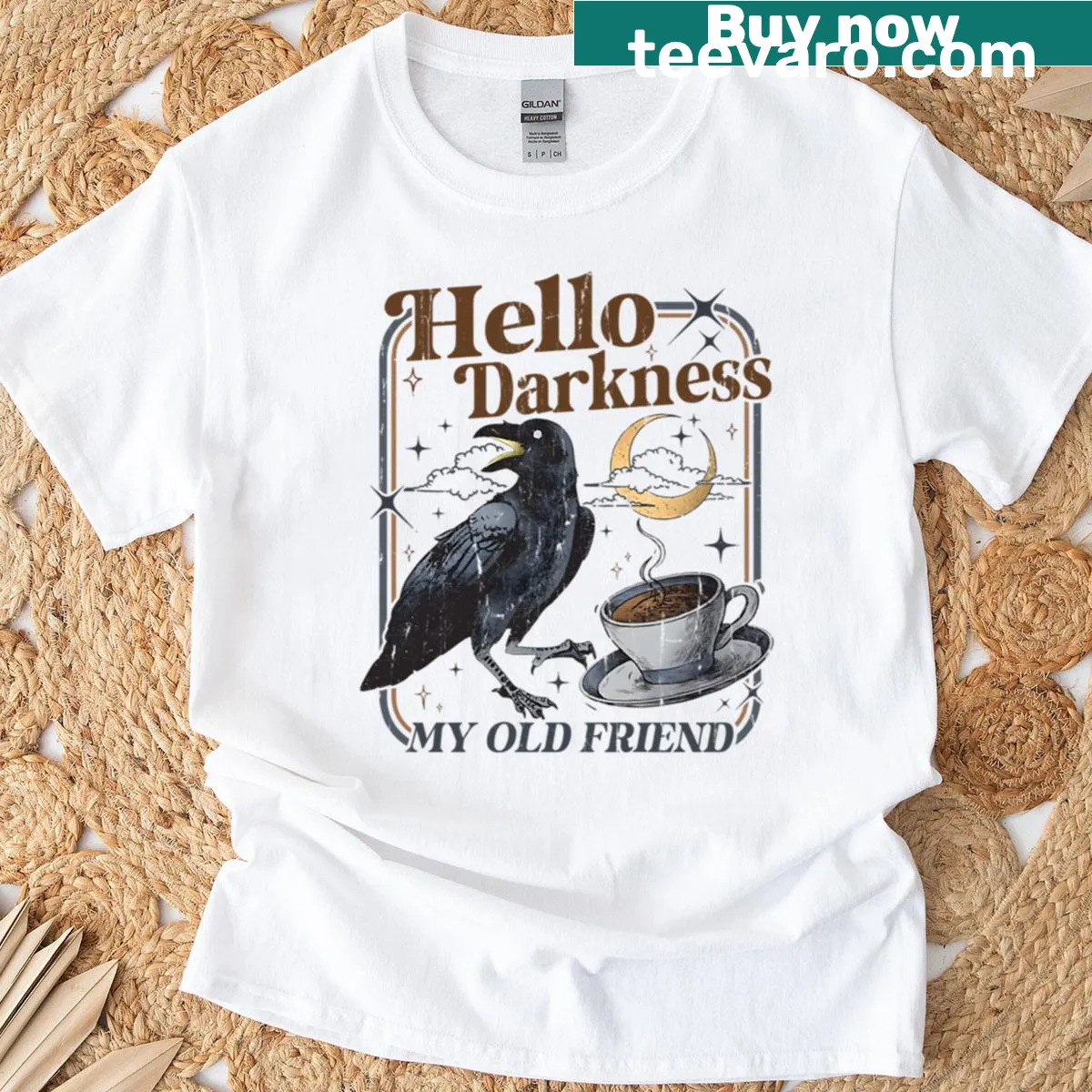 T-shirt featuring the phrase 'Hello Darkness My Old Friend' in stylish typography — on a men's t-shirt