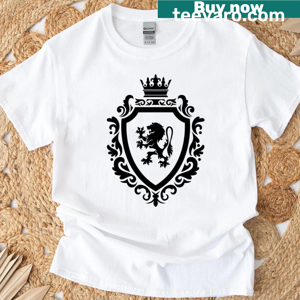 Heraldic lion design with shield and crown on T-shirt. — on a men's t-shirt
