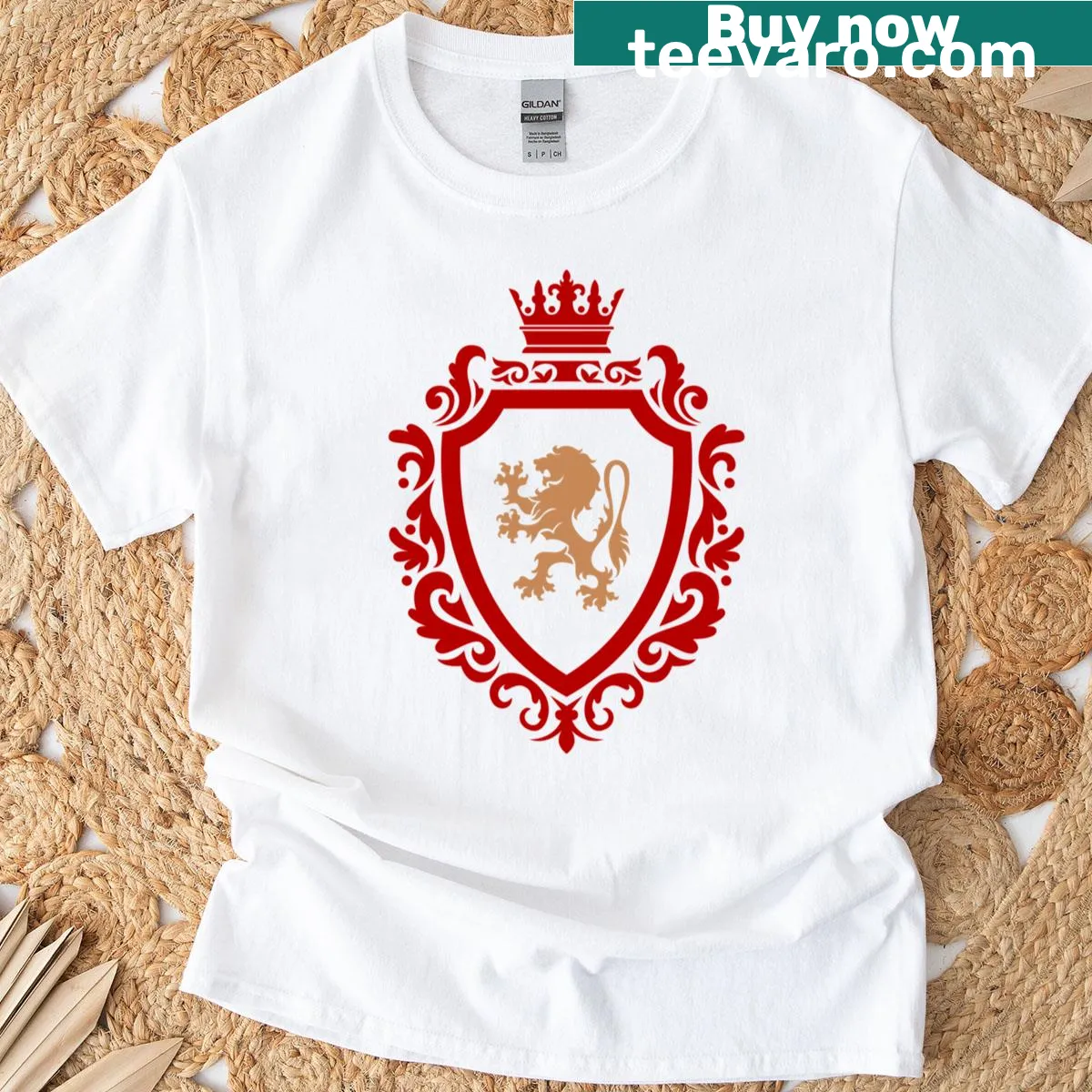 Heraldic lion design with shield and crown on T-shirt — on a men's t-shirt