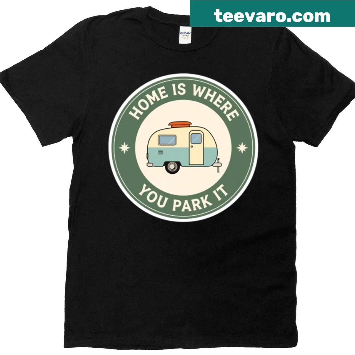 Travel-themed T-shirt with home and parking quote — on a men's t-shirt
