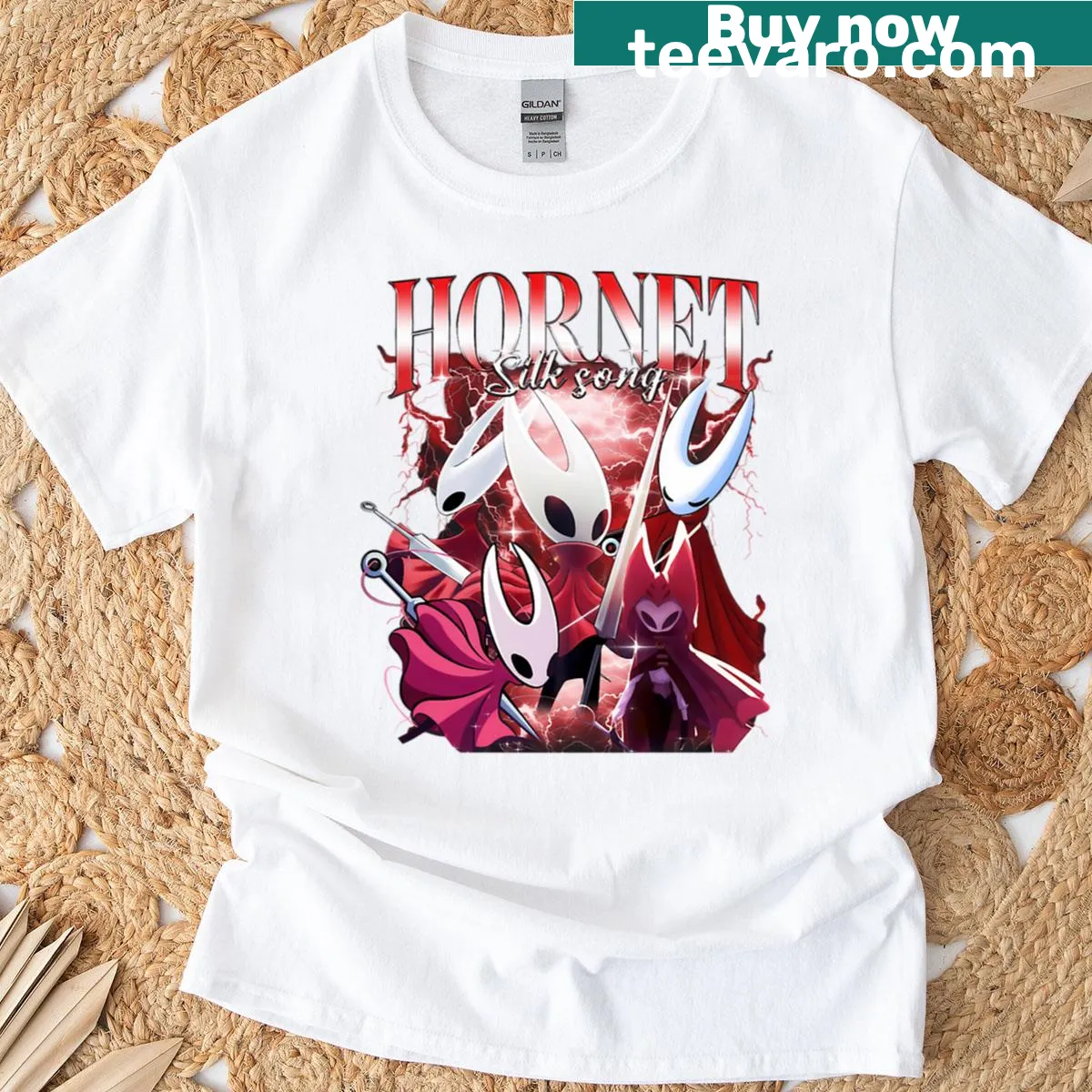 Retro graphic T-shirt featuring Hornet from Silksong. — on a men's t-shirt