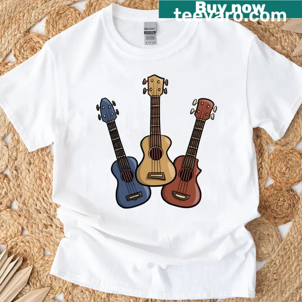 Cartoon ukulele design on a humorous Hawaiian-themed t-shirt