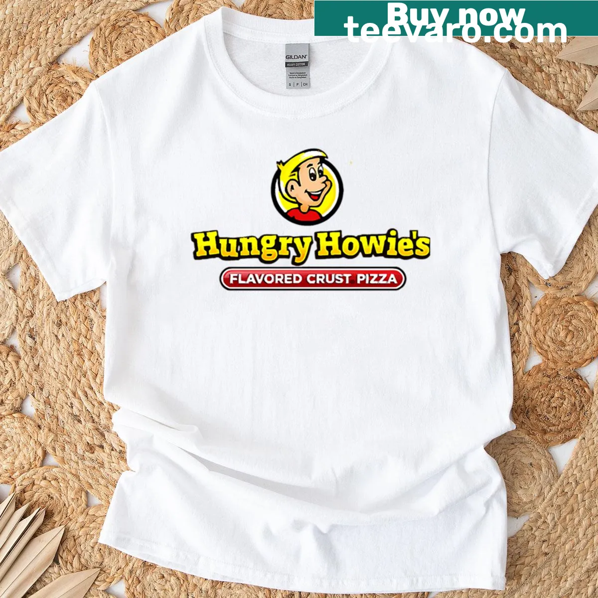 Pizza-themed t-shirt with a graphic of a slice and text — on a men's t-shirt