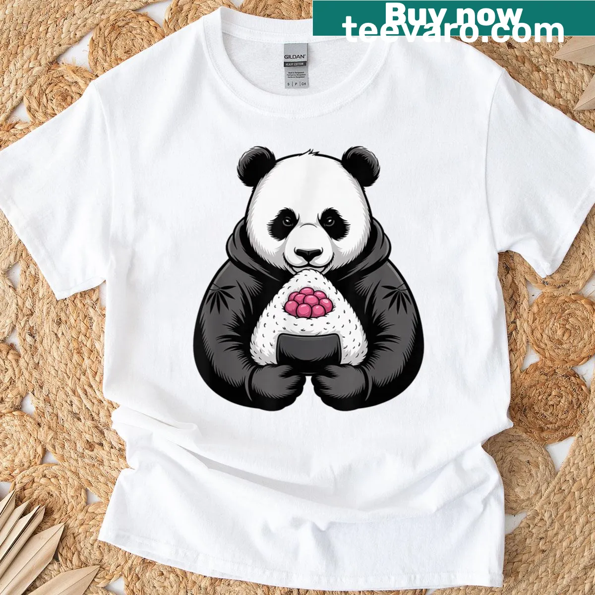 Cute panda graphic holding onigiri rice ball T-shirt. — on a men's t-shirt