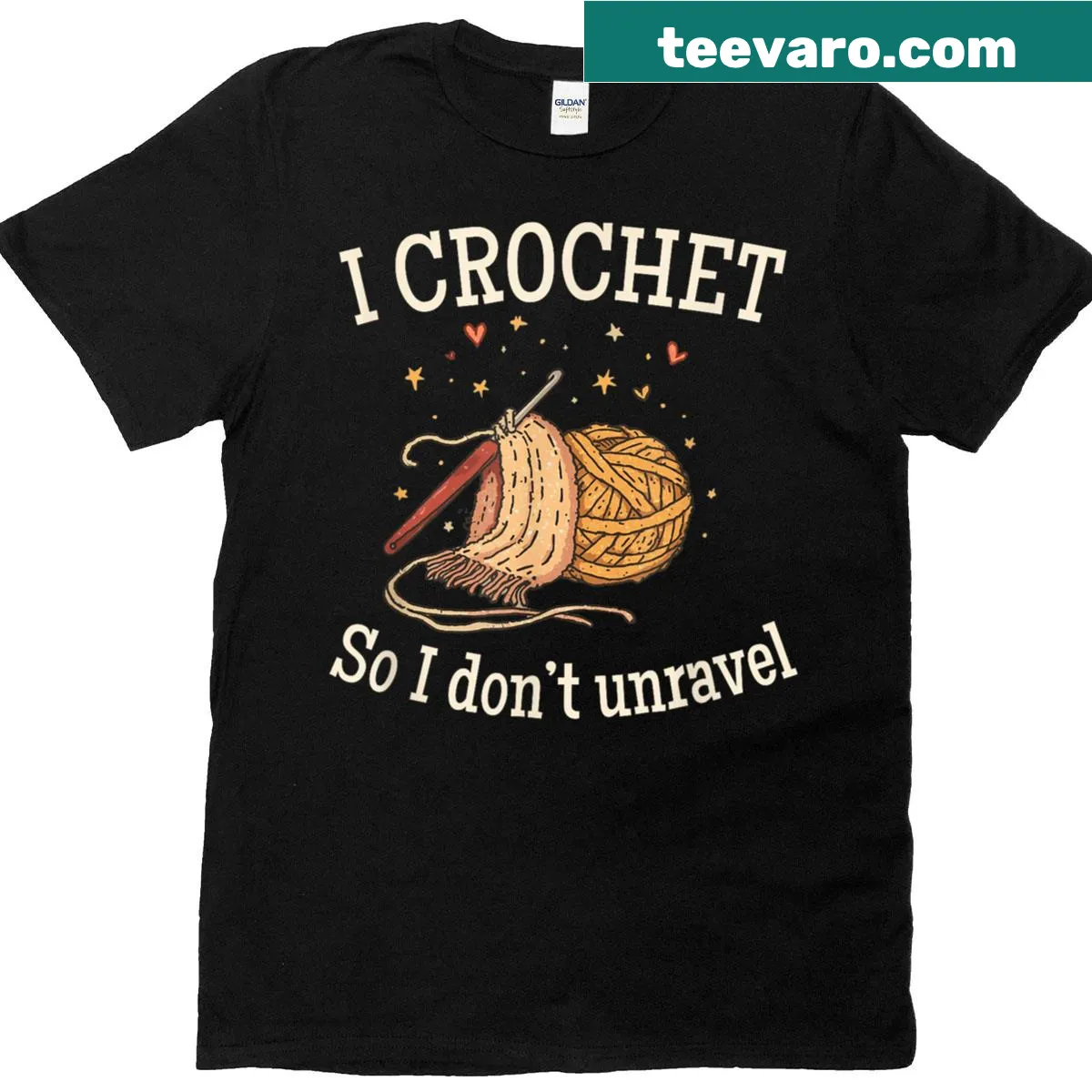 Funny crochet t-shirt with clever yarn graphic — on a men's t-shirt